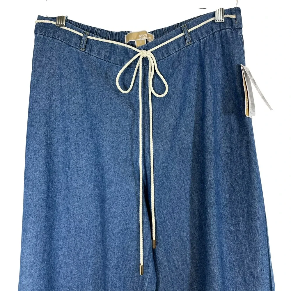 $125 NWT Michael Kors Sz M Pants Chambray Med Blue Wide Leg Pull On Rope Tie New